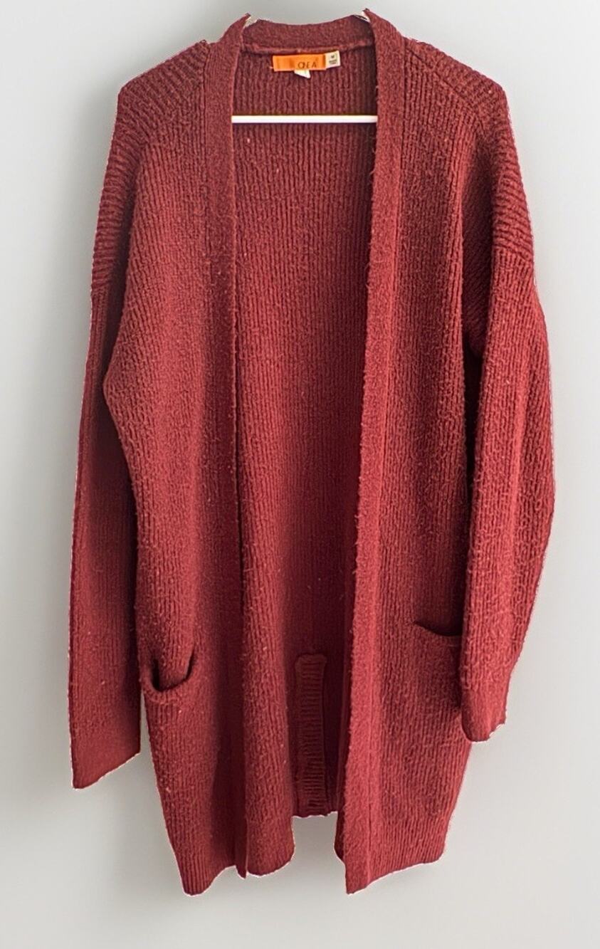 One A Women’s Medium Burgundy Open Front Long Cardigan Sweater Pockets